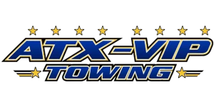 ATX-VIP Towing logo in blue and gold lettering