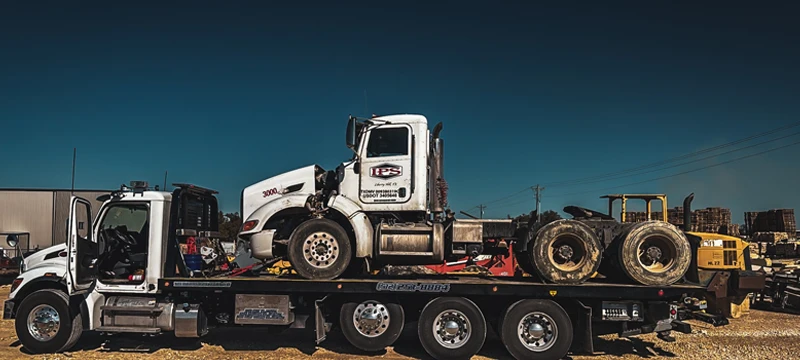 Commercial flatbed truck transporting semi cab and equipment wheels in bastrop tx