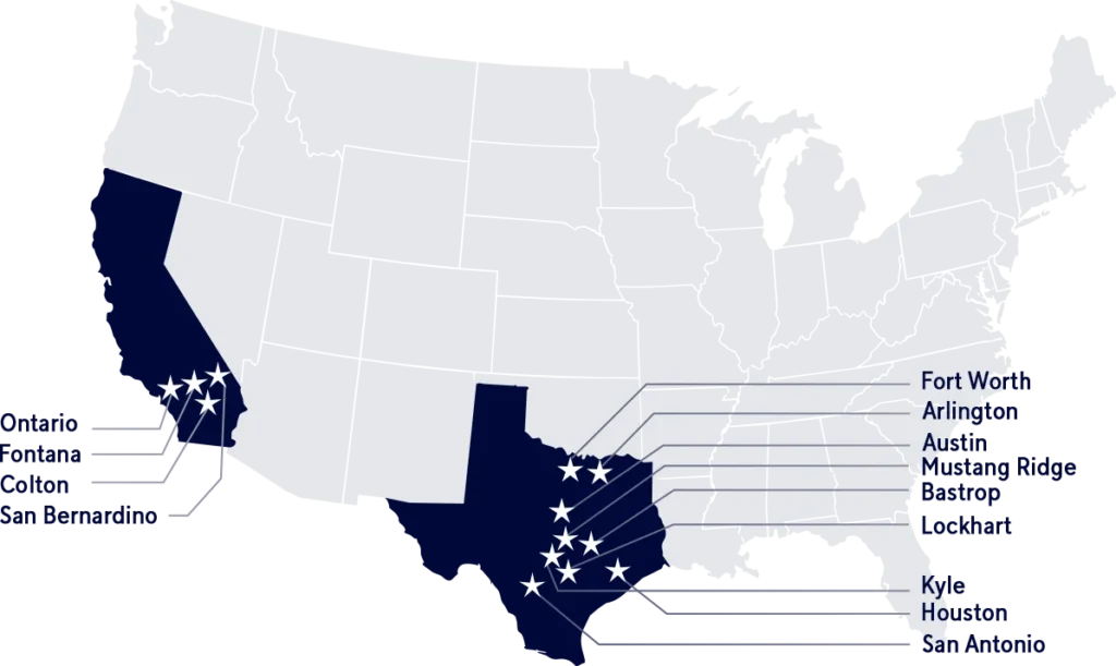 Armada Towing service area map showing California and Texas locations