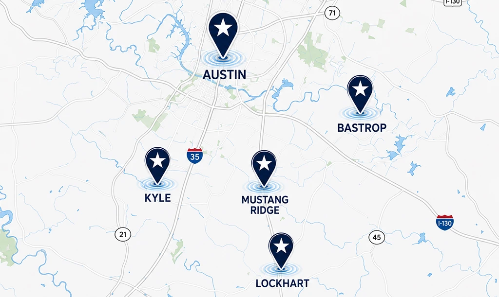 Armada Towing Austin Market service area map with regional locations